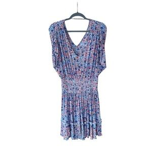 Poupette St Barth Floral Dress Short Sleeve V-Neck Mini Ruffle Tassels Size M